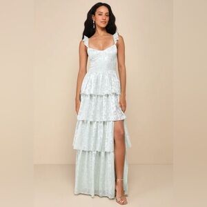 Lulus Stunning Glory Sage Green Floral Jacquard Tiered Maxi Dress